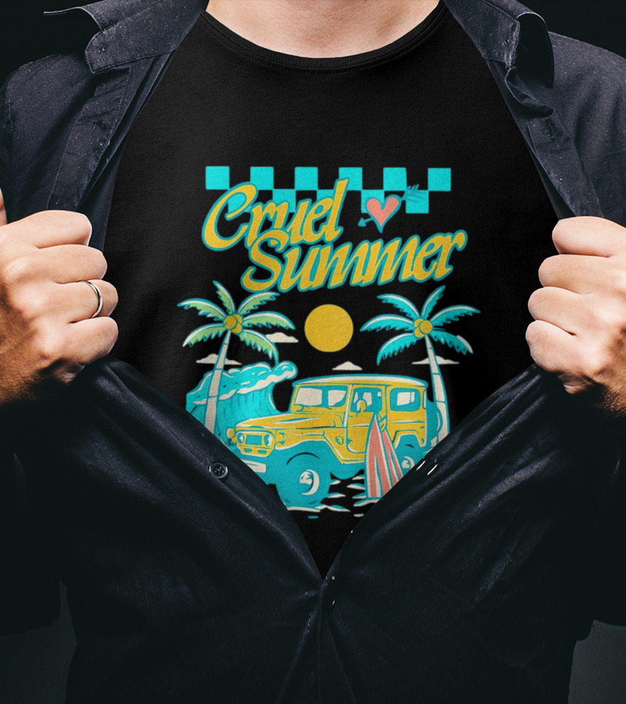Cruel Summer Beach Vintage Jeep Palm Trees Retro Sun Wave Heart T-Shirt