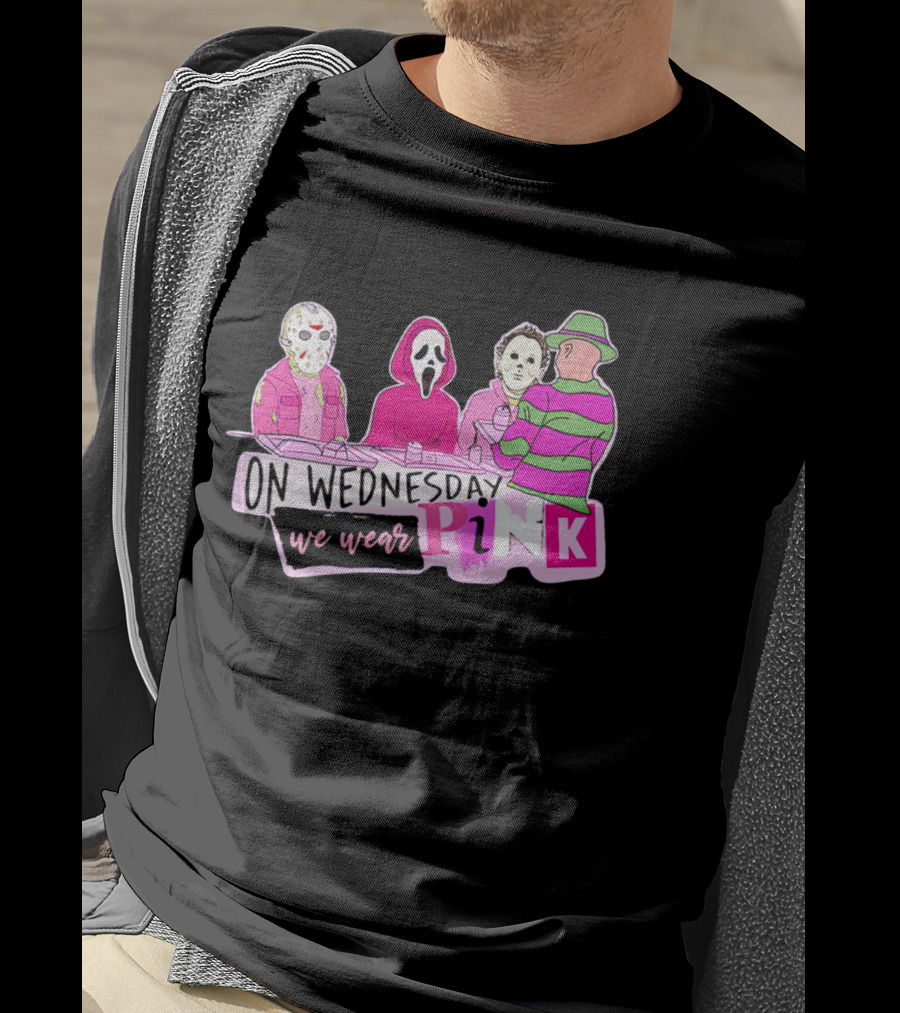 On Wednesdays We Wear Pink Horror Movie Characters Halloween Dinner Scene T-Shirt