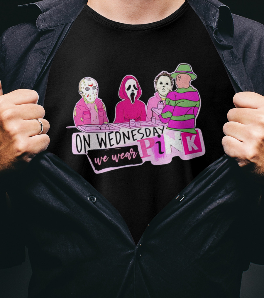 On Wednesdays We Wear Pink Horror Movie Characters Halloween Dinner Scene T-Shirt