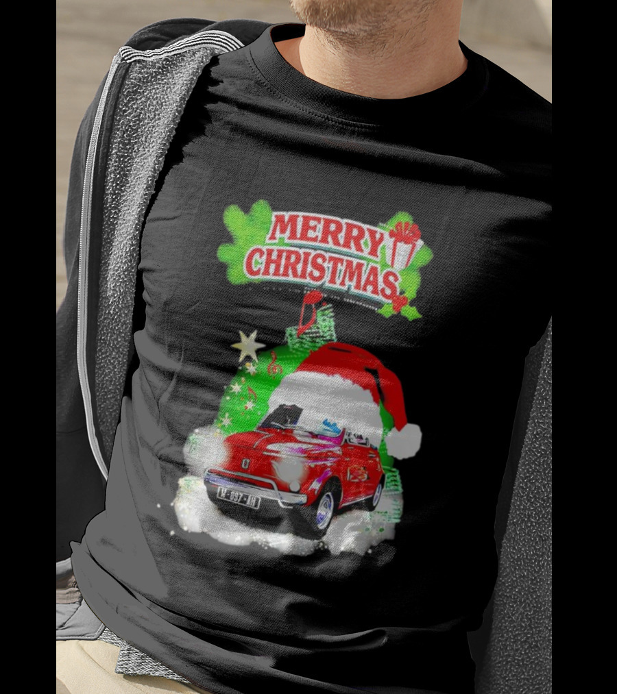 Merry Christmas Red Fiat 500 With Santa Hat And Green Background T-Shirt