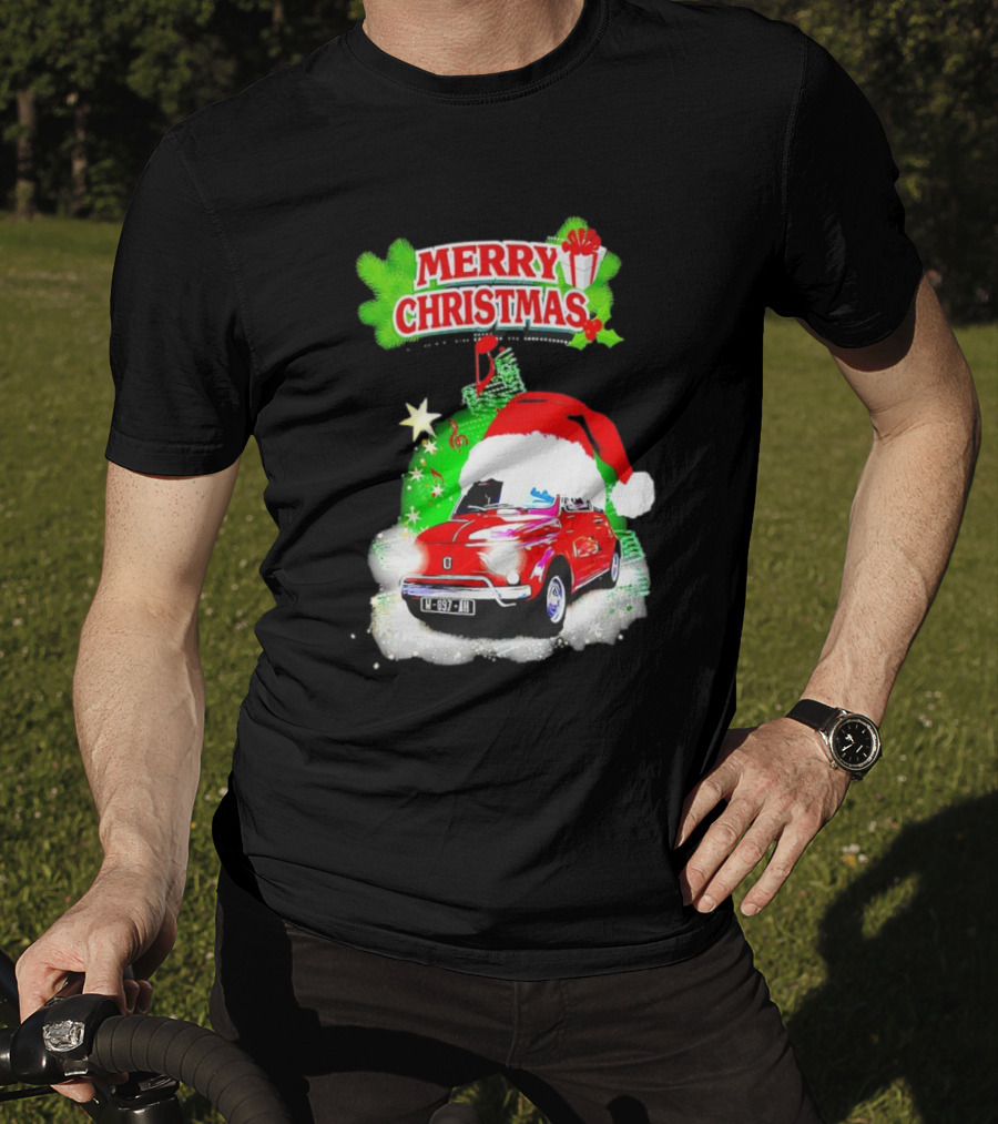 Merry Christmas Red Fiat 500 With Santa Hat And Green Background T-Shirt