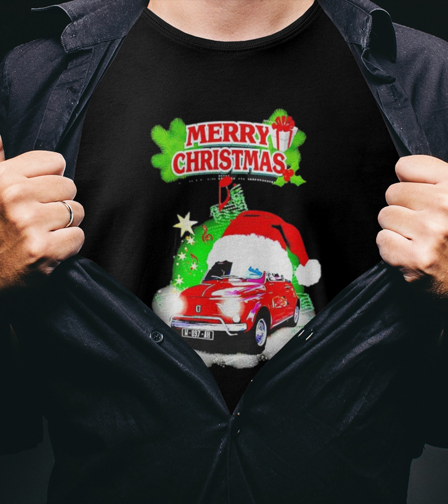 Merry Christmas Red Fiat 500 With Santa Hat And Green Background T-Shirt