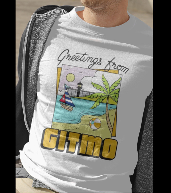 Greetings From Gitmo Palm Beach Scene With Sailboat And Volleyball T-Shirt
