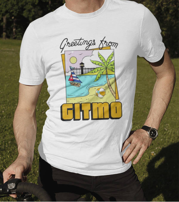 Greetings From Gitmo Palm Beach Scene With Sailboat And Volleyball T-Shirt