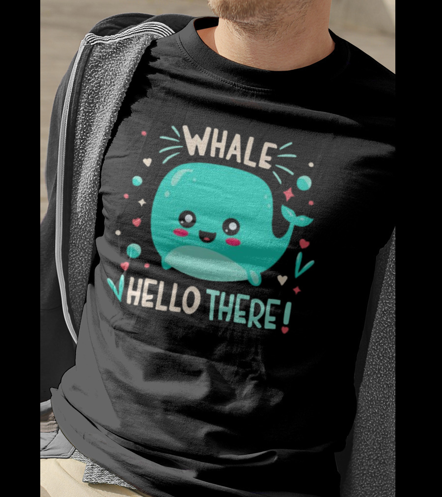 Whale Hello There Cute Cartoon Aqua Whale Design With Hearts And Stars T-Shirt