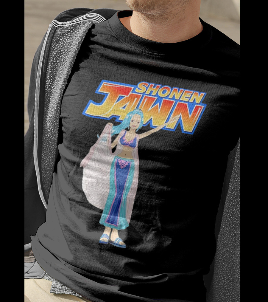 SHONEN JAWN Anime Style Blue-Haired Character With Draped Robe T-Shirt