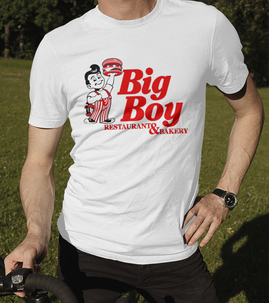 Big Boy Restaurant And Bakery Logo - Iconic Red Text With Burger Mascot T-Shirt