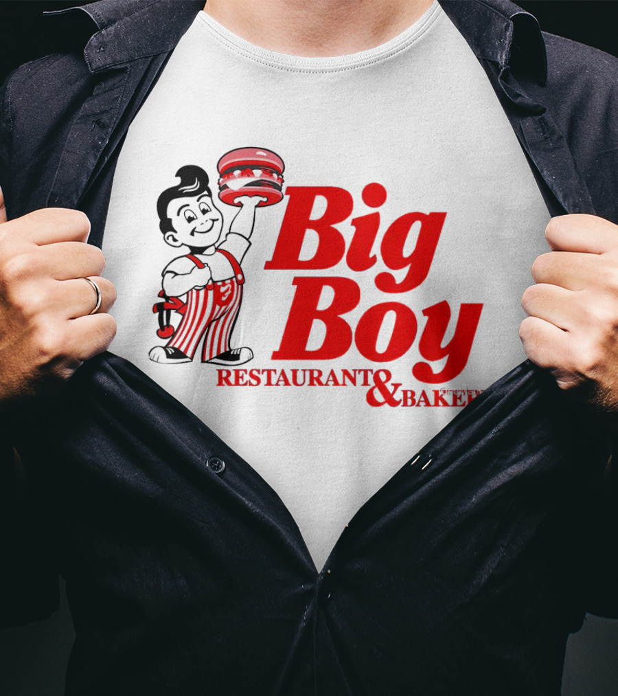 Big Boy Restaurant And Bakery Logo - Iconic Red Text With Burger Mascot T-Shirt