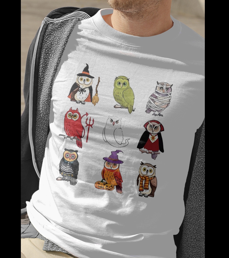 Cute Owls Halloween Witch Mummy Devil Skeleton Vampire Pumpkin Scarf T-Shirt