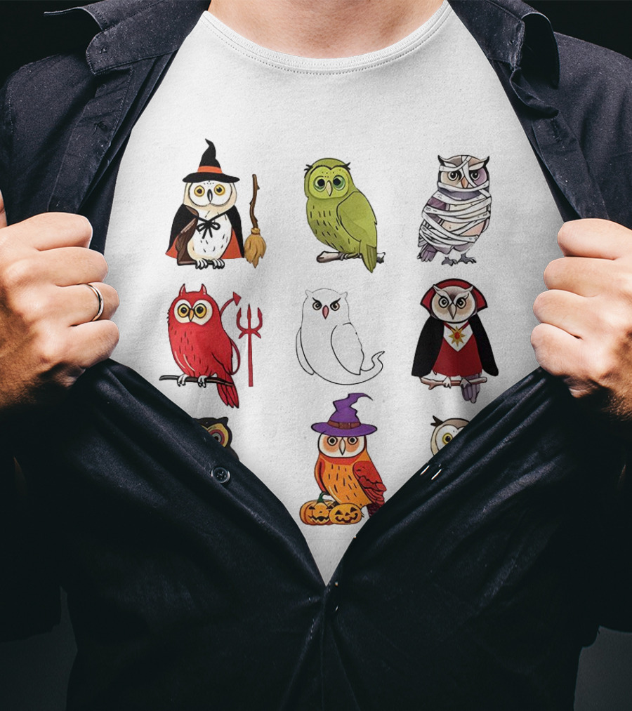 Cute Owls Halloween Witch Mummy Devil Skeleton Vampire Pumpkin Scarf T-Shirt