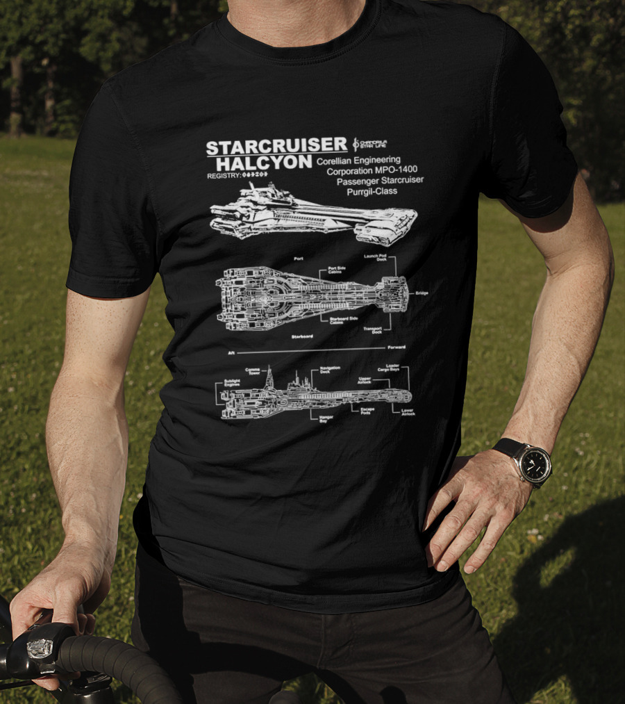 Starcruiser Halcyon Corellian Engineering Schematic Blueprint MPO-1400 Passenger Starcruiser Purrgil-Class T-Shirt