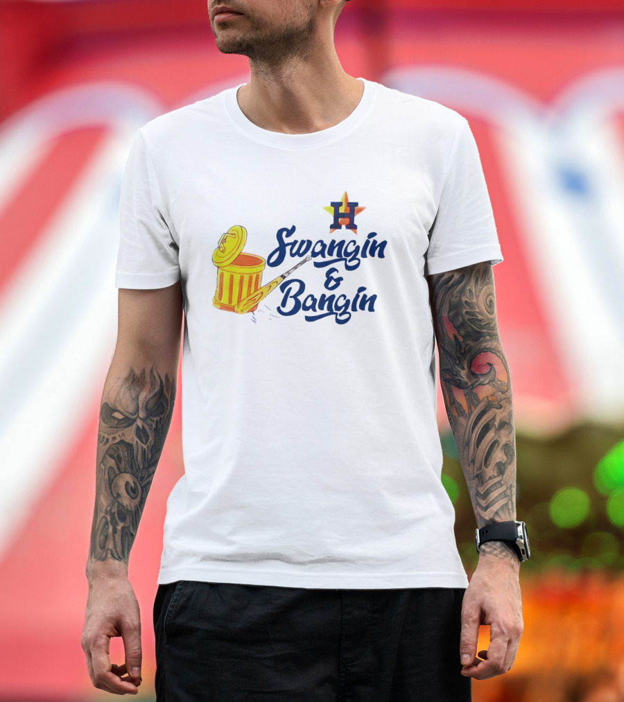 Houston Astros Swangin and Bangin Star H Orange Trash Can Baseball Paddle T-Shirt