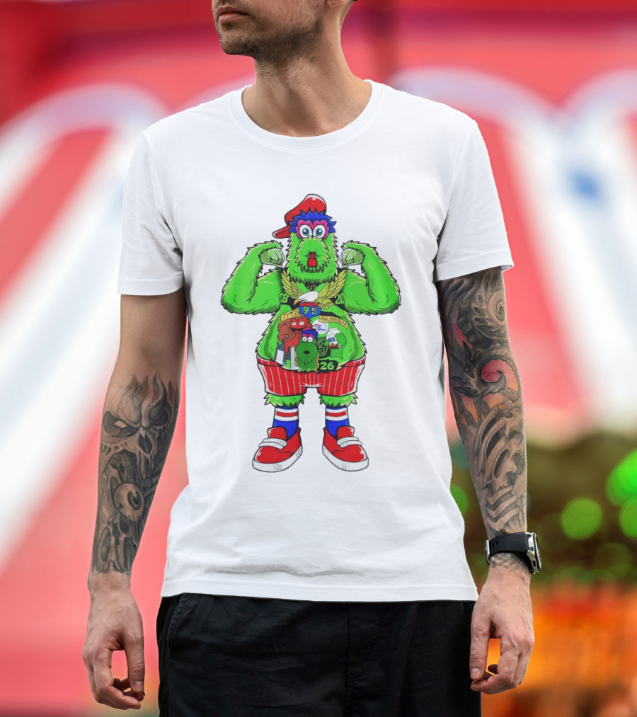 Philly Phanatic Mascots Sporting Red Cap and Sneakers with 1980 2008 1985 1995 2008 Numbers T-Shirt