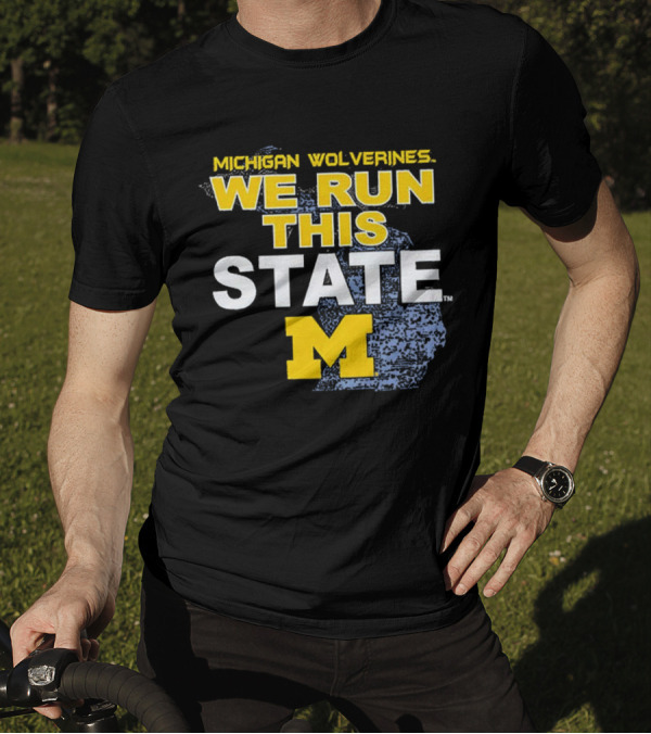 Michigan Wolverines We Run This State M Logo Michigan Map T-Shirt