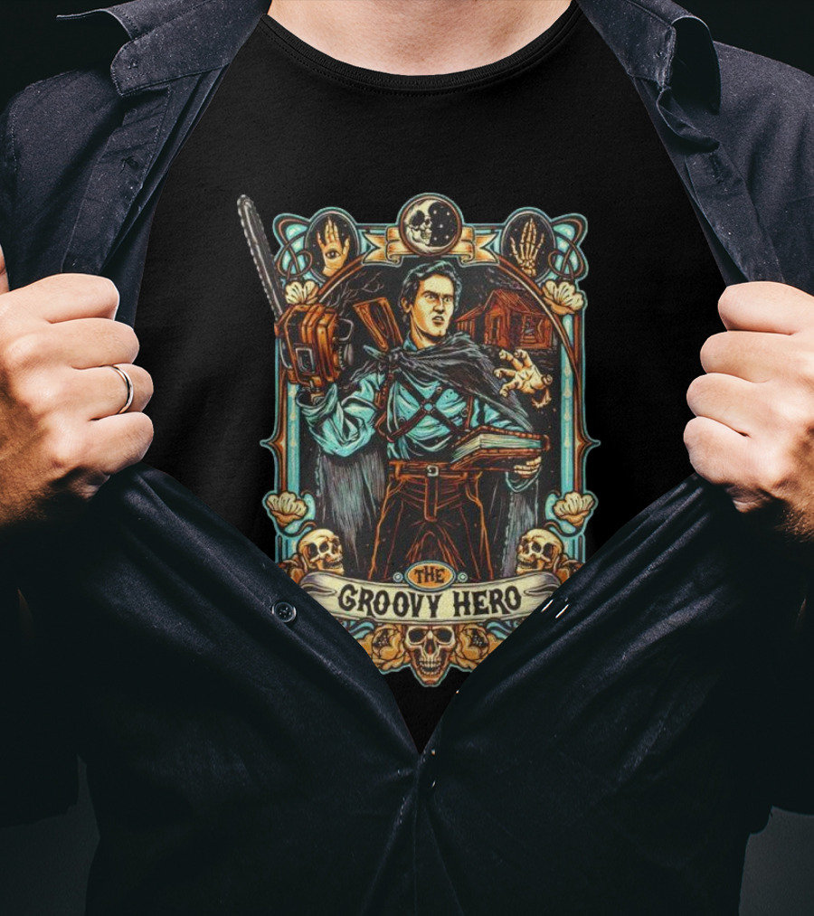 The Groovy Hero Chainsaw Warrior Moon Necronomicon Skulls T-Shirt