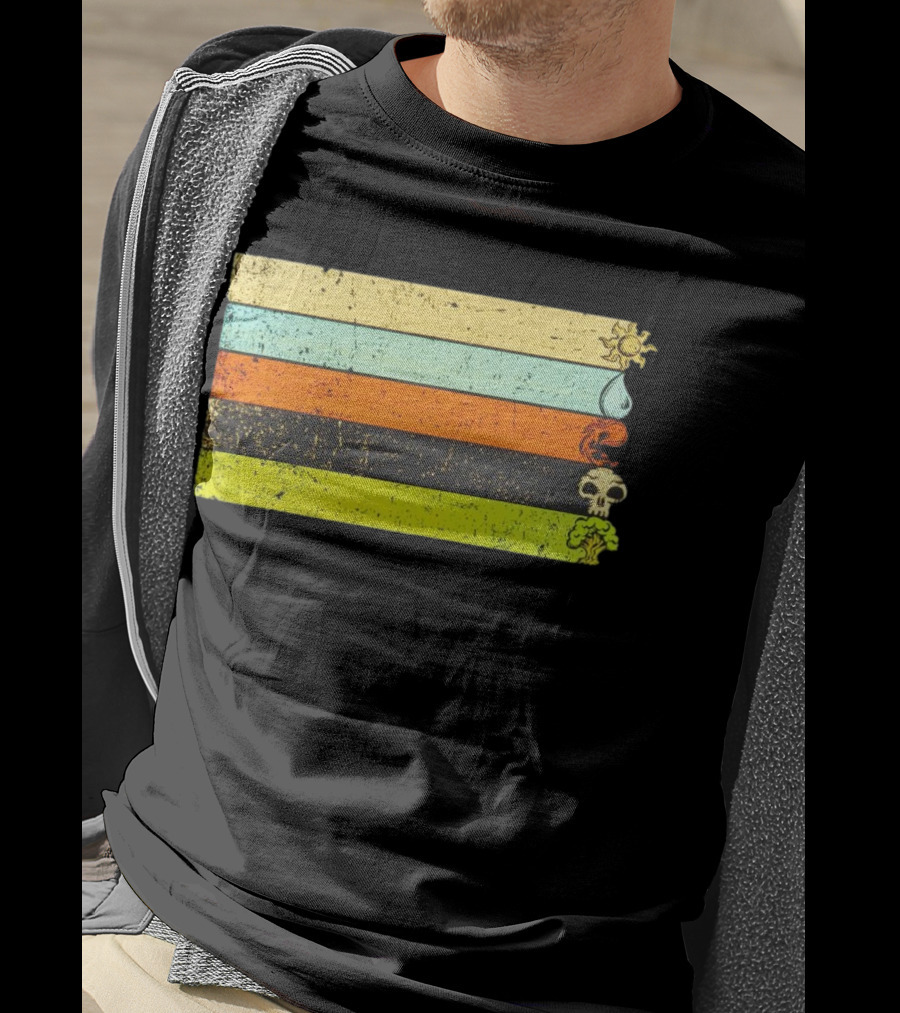 Vintage Magic Sun Water Elements Skull Retro Stripes T-Shirt