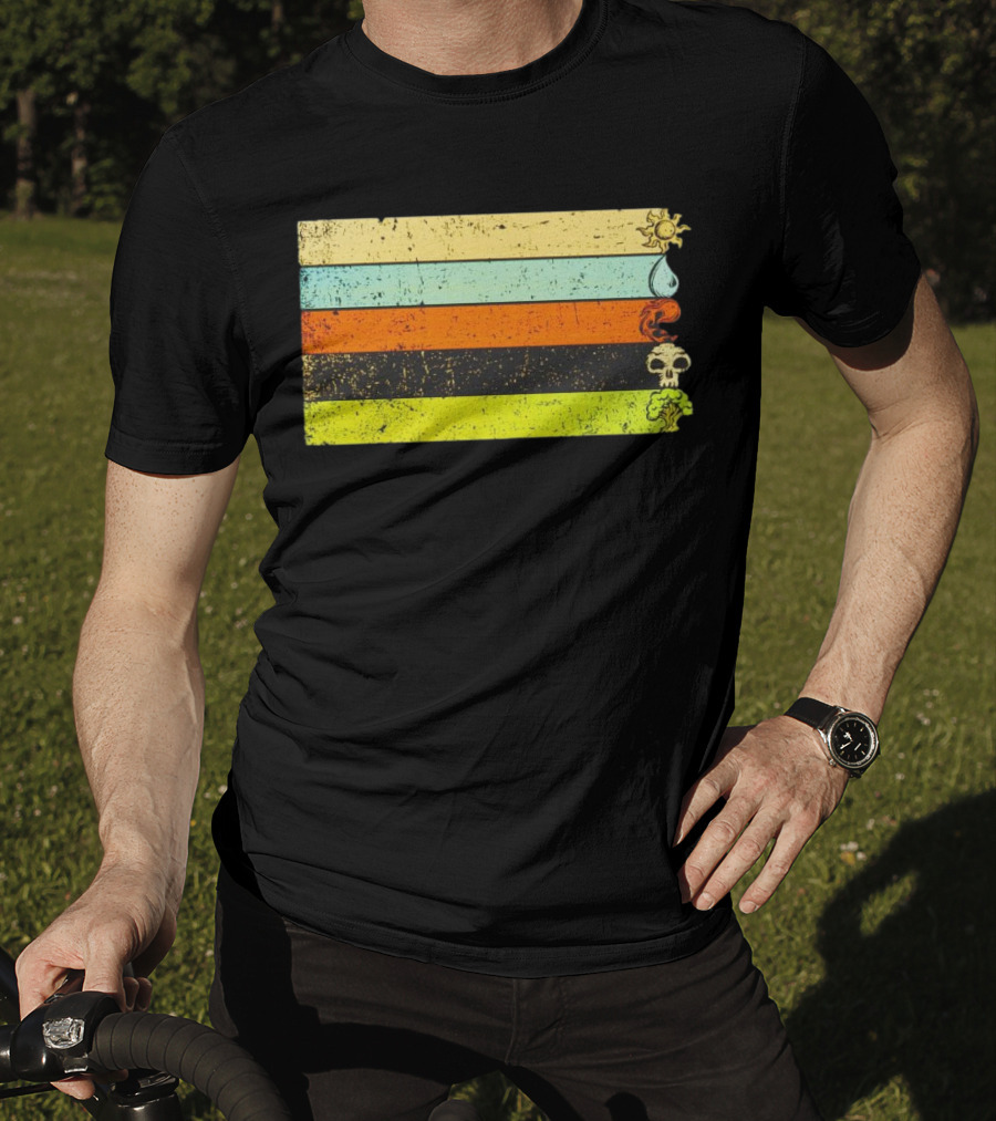 Vintage Magic Sun Water Elements Skull Retro Stripes T-Shirt