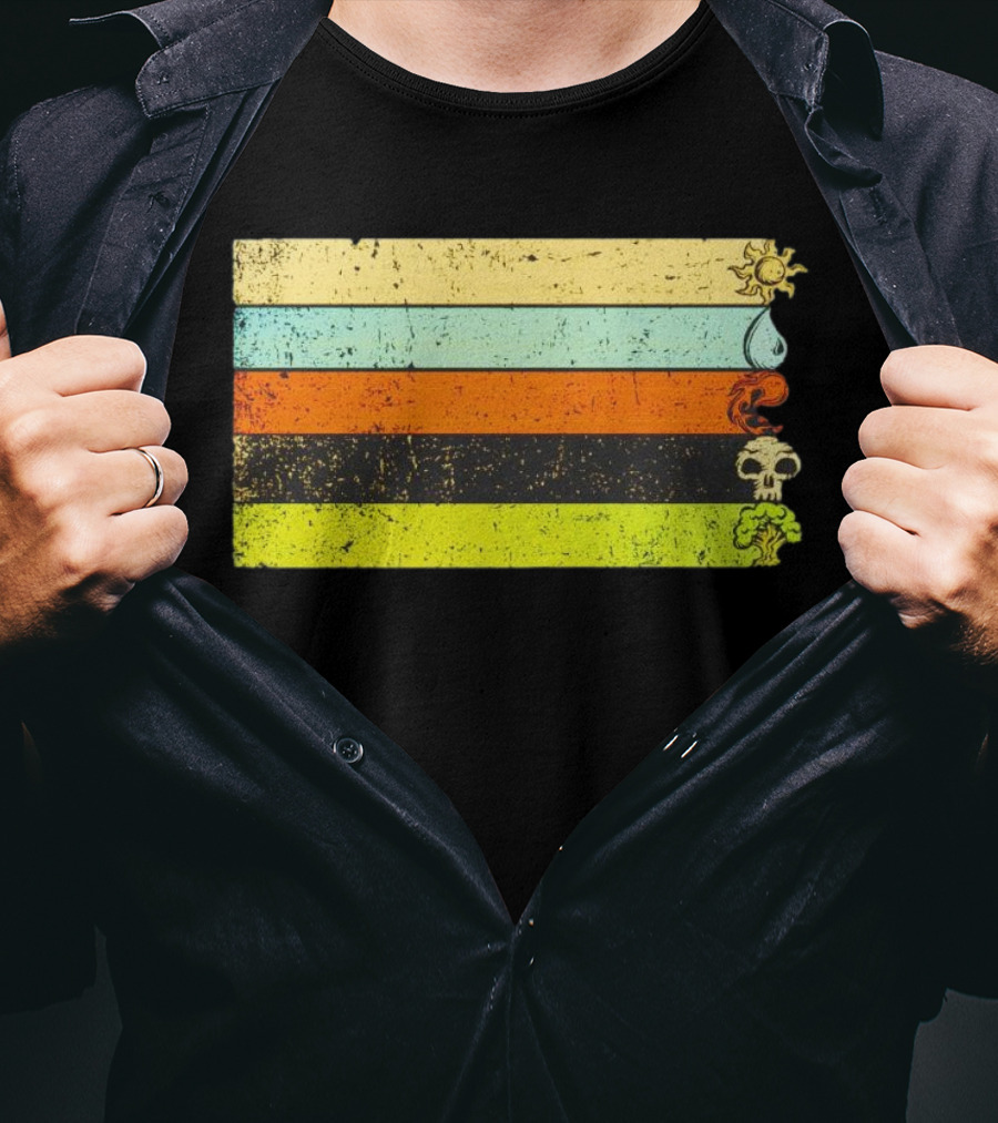 Vintage Magic Sun Water Elements Skull Retro Stripes T-Shirt