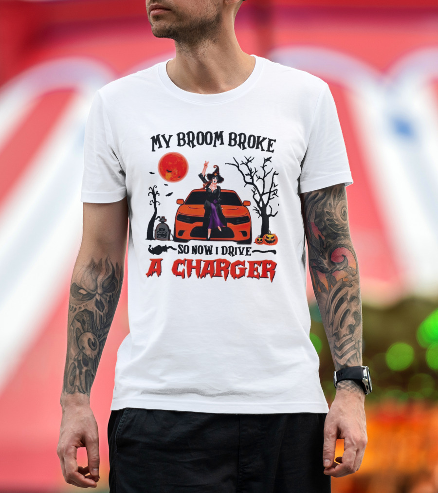 My Broom Broke So Now I Drive a Charger Halloween Witch with Pumpkins and Graveyard Scene T-Shirt