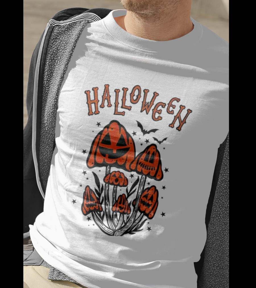 Halloween Pumpkin Mushrooms With Bats And Stars T-Shirt