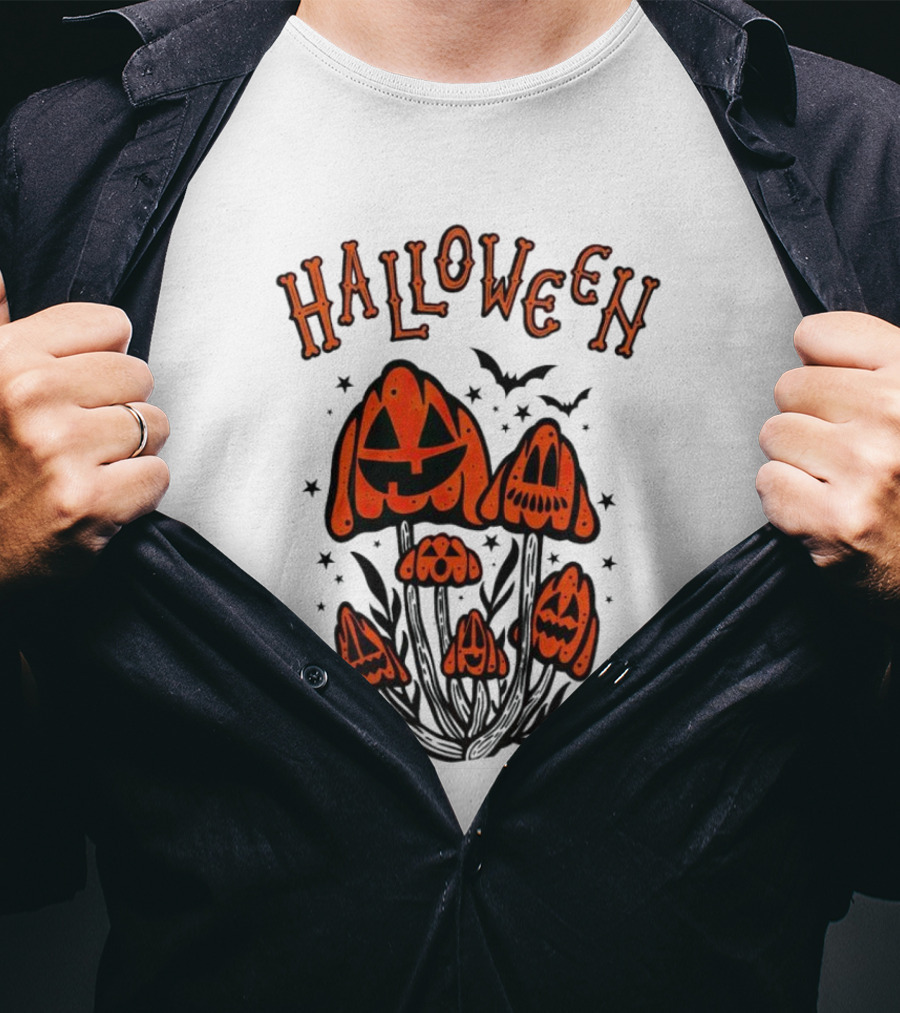 Halloween Pumpkin Mushrooms With Bats And Stars T-Shirt