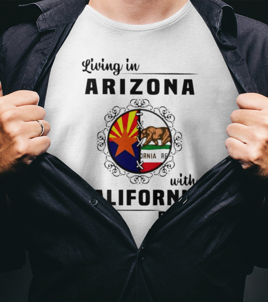 Living In Arizona With California Roots Emblem Featuring State Flags And Bear T-Shirt