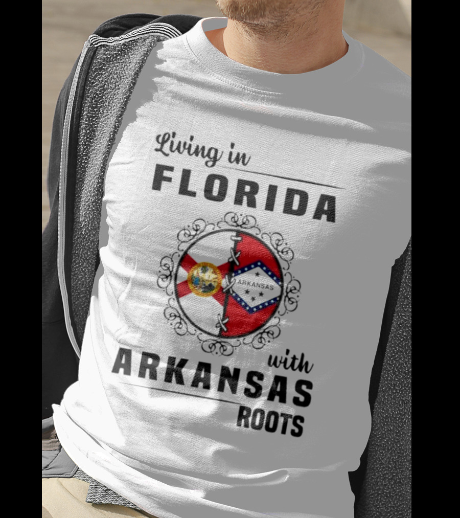Living In Florida With Arkansas Roots Emblem Featuring State Seals And Flags T-Shirt