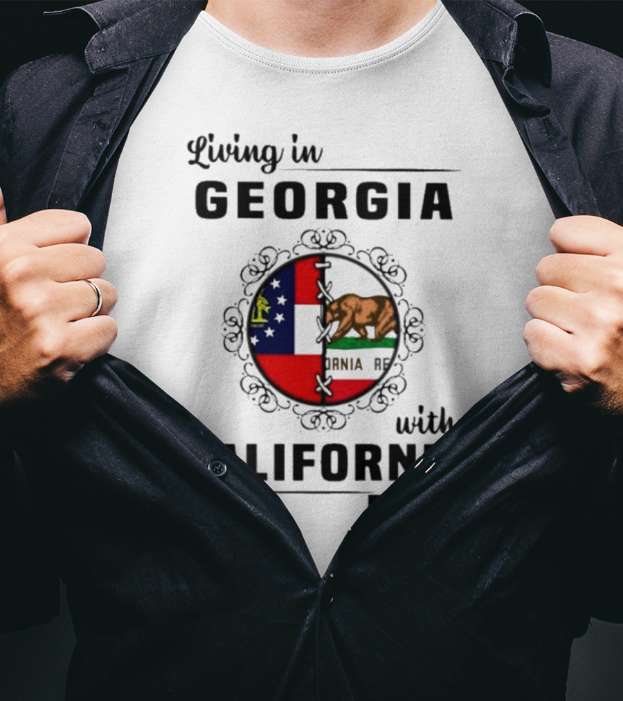 Living In Georgia With California Roots Bear And State Flags Fusion T-Shirt