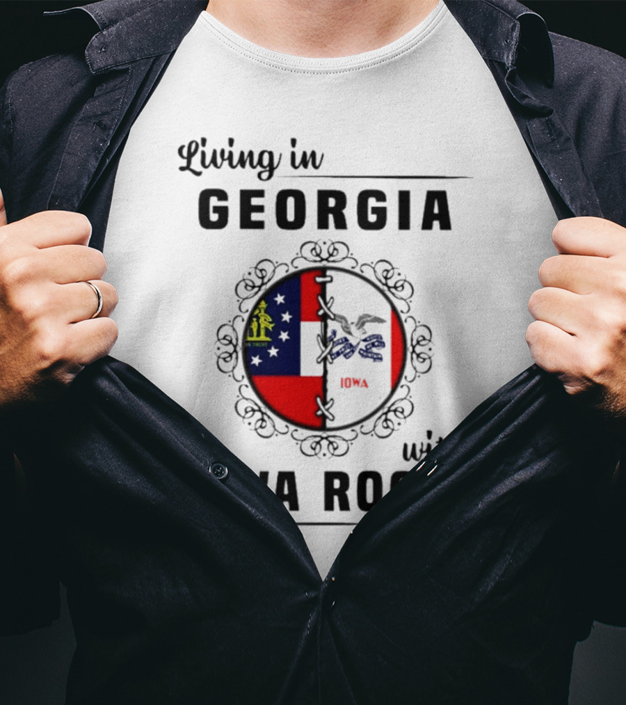 Living In Georgia Embracing Iowa Heritage With Combined State Flags T-Shirt