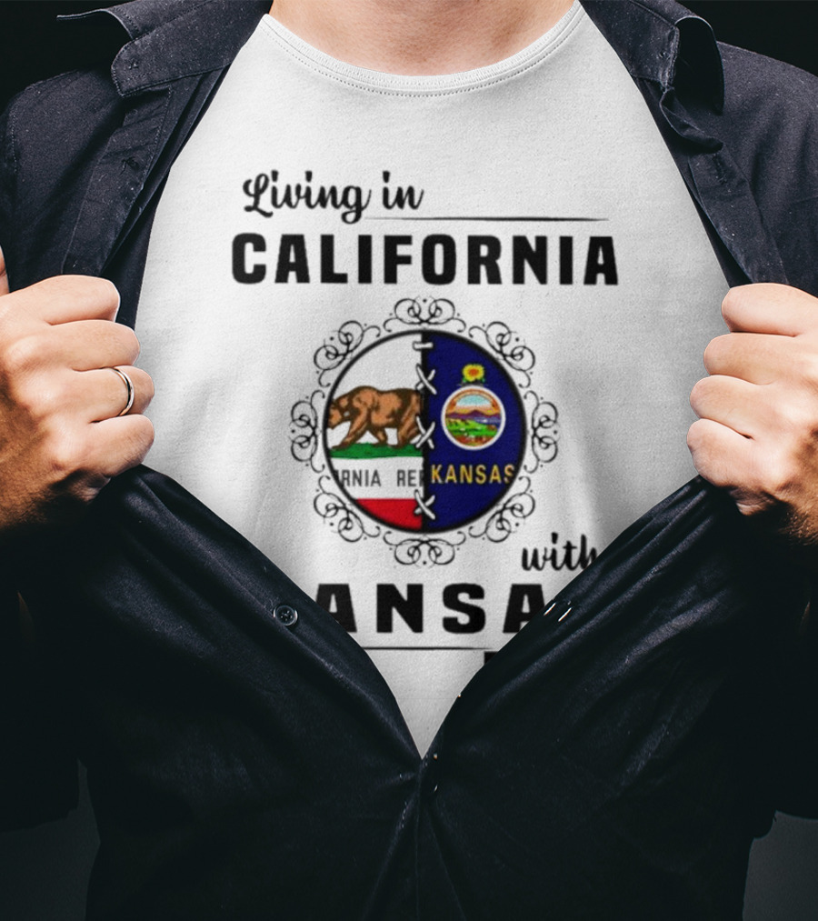 Living In California With Kansas Roots Bear And Sunflower State Flags T-Shirt