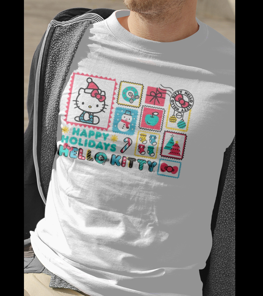 Happy Holidays Hello Kitty Merry Christmas Candy Cane Bow Trees Gift Snowman T-Shirt