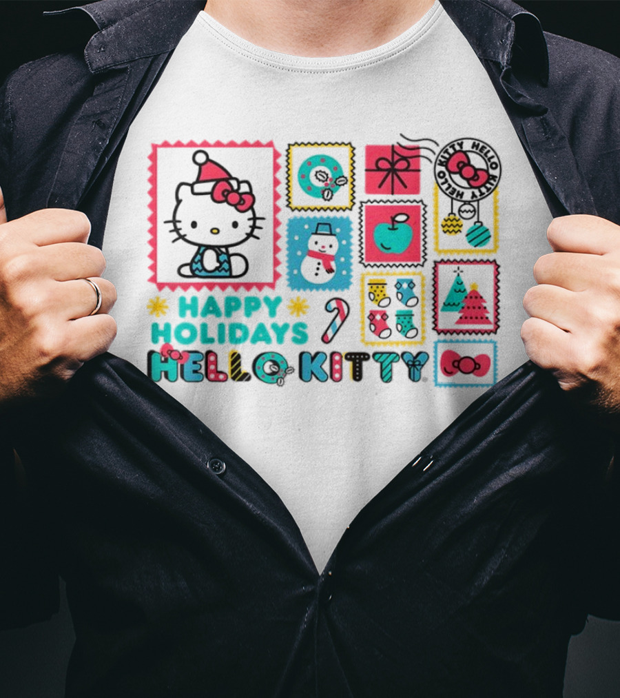 Happy Holidays Hello Kitty Merry Christmas Candy Cane Bow Trees Gift Snowman T-Shirt