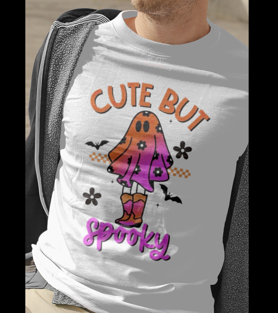 Cute But Spooky Halloween Ghost With Bat And Floral Boot Accents T-Shirt