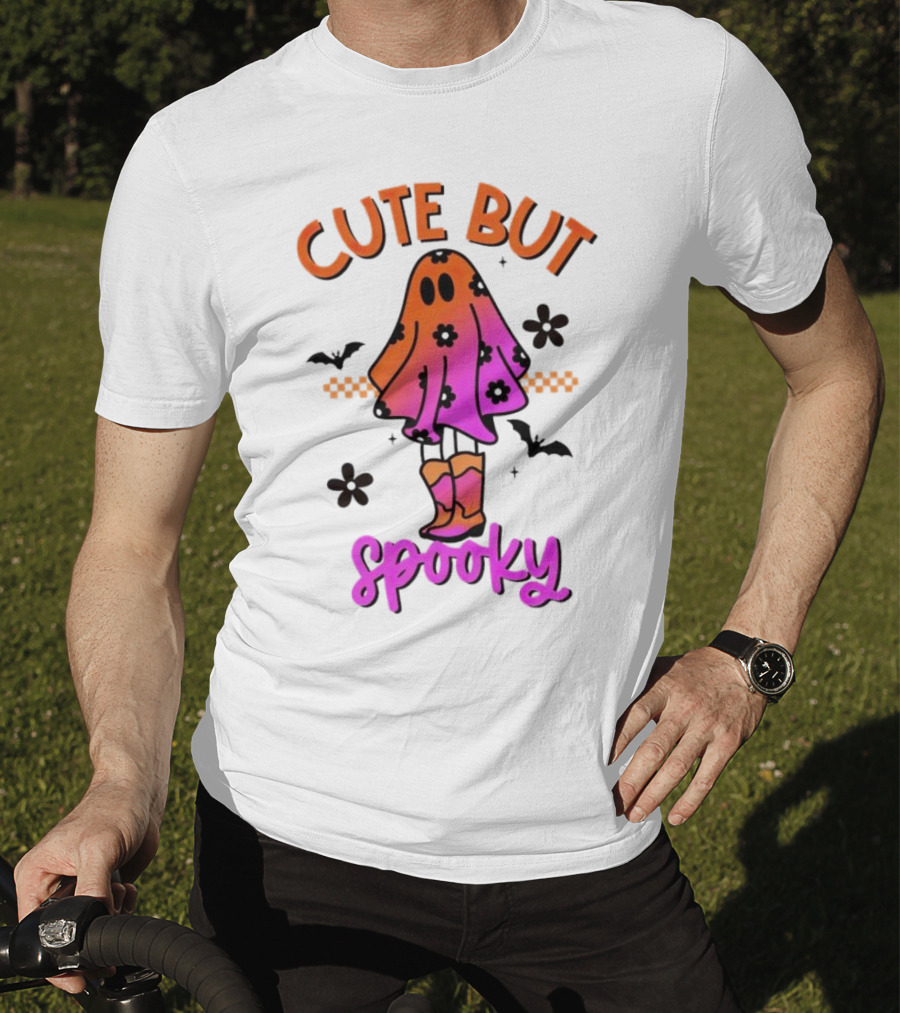 Cute But Spooky Halloween Ghost With Bat And Floral Boot Accents T-Shirt