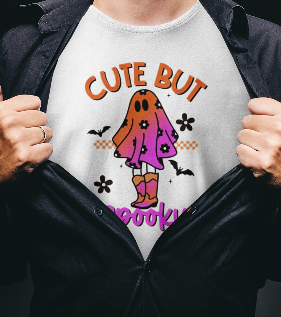 Cute But Spooky Halloween Ghost With Bat And Floral Boot Accents T-Shirt