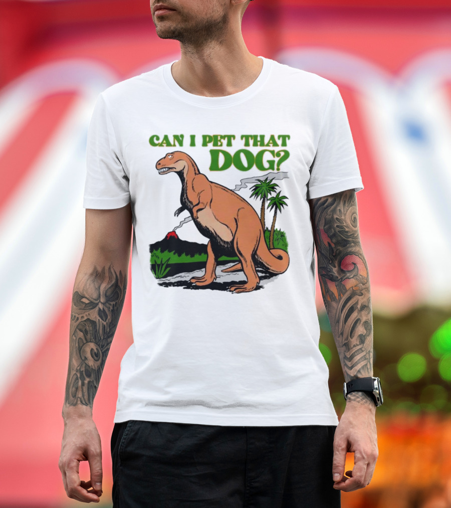 Can I Pet That Dog Dinosaur Volcano and Palm Trees T-Shirt