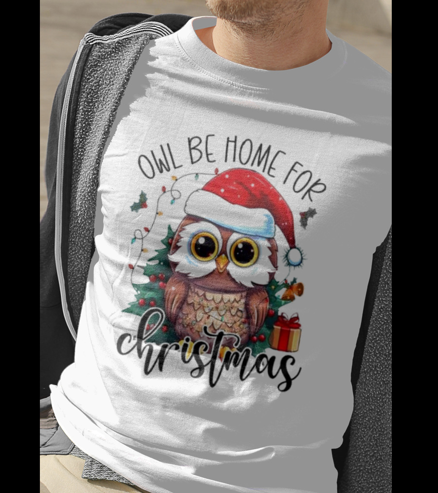 Owl Be Home For Christmas Santa Hat Owl Festive Lights Gift Box T-Shirt