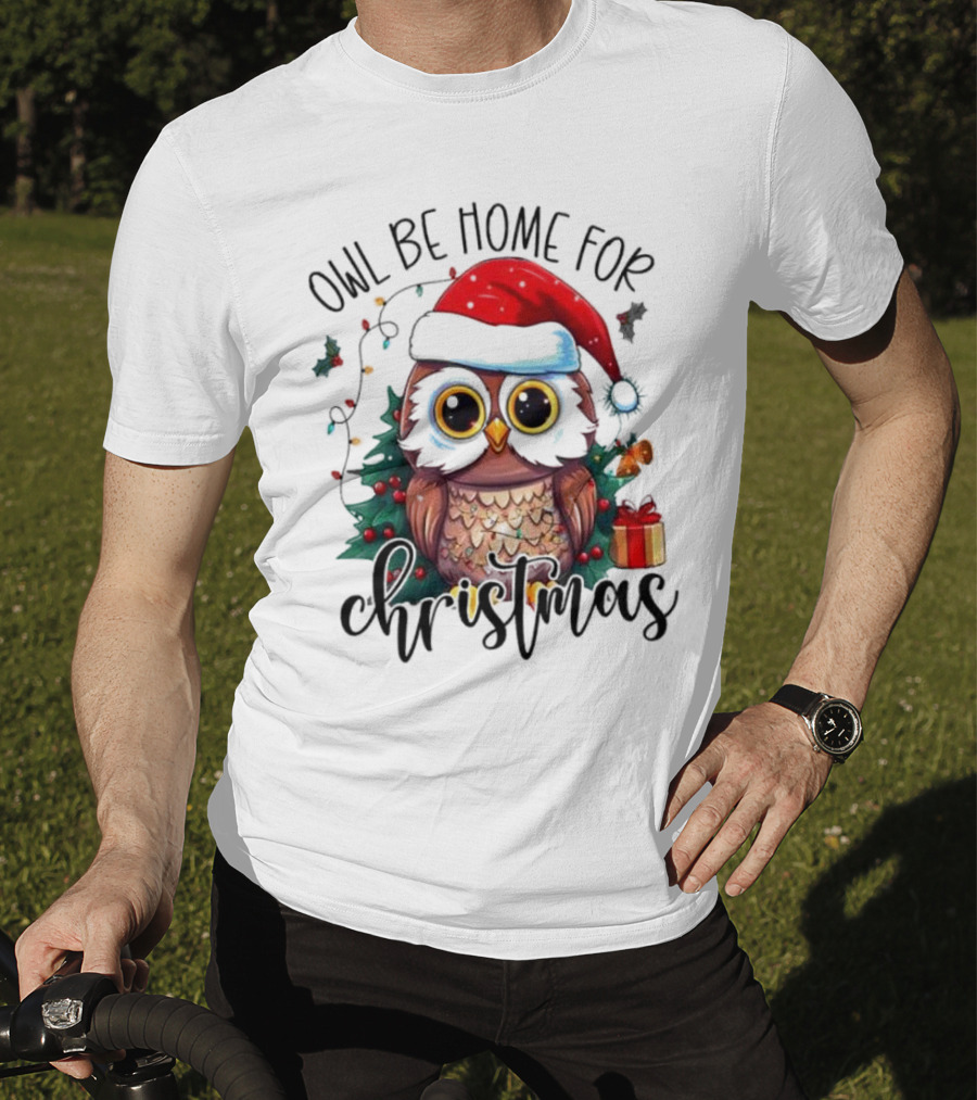 Owl Be Home For Christmas Santa Hat Owl Festive Lights Gift Box T-Shirt