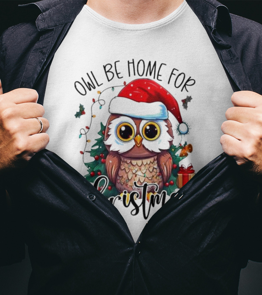 Owl Be Home For Christmas Santa Hat Owl Festive Lights Gift Box T-Shirt