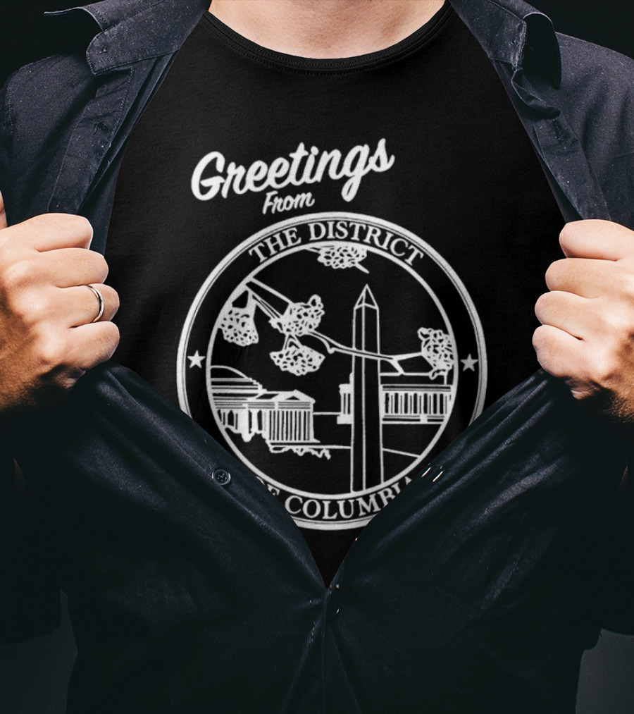 Greetings From The District Of Columbia Cherry Blossoms And Monument T-Shirt