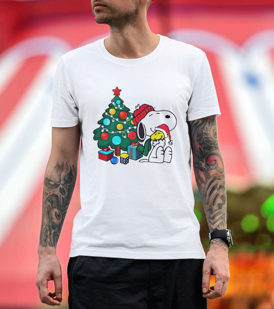 Peanuts Snoopy with Woodstock and Christmas Tree and Gifts T-Shirt