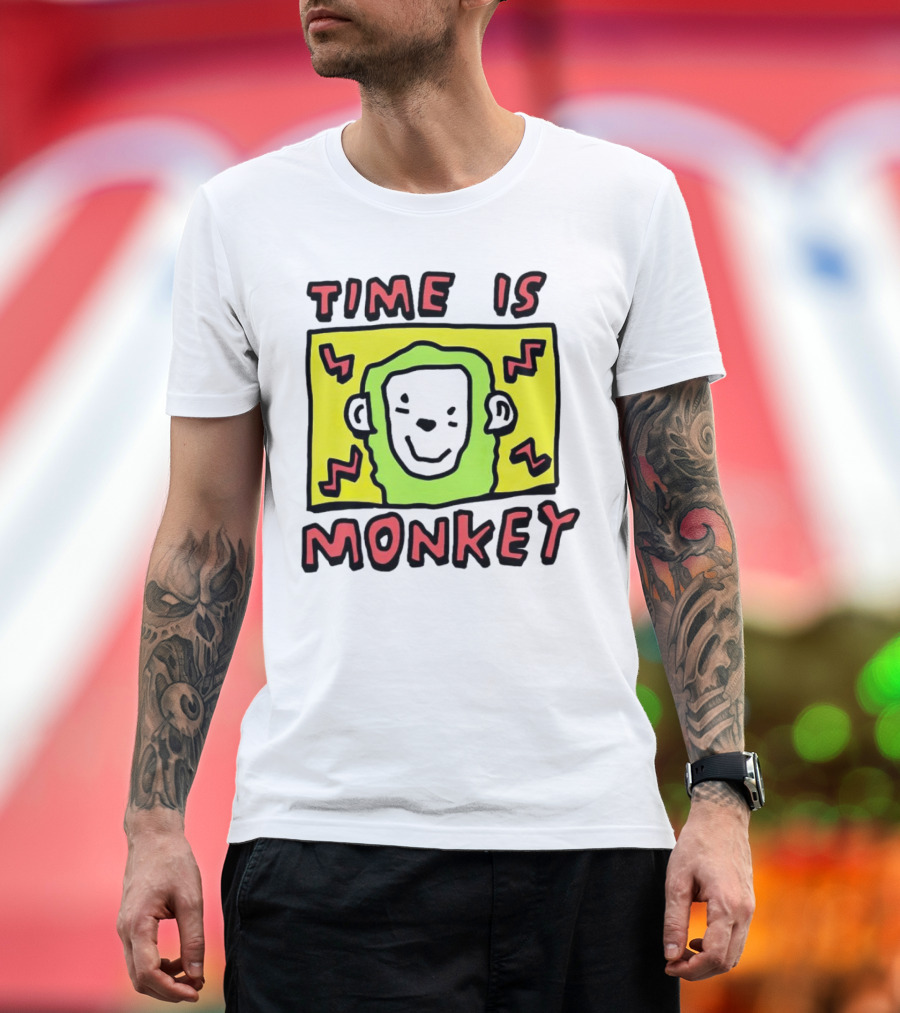 Time Is Monkey Green Highlighted Cartoon Face with Zigzag Lines T-Shirt