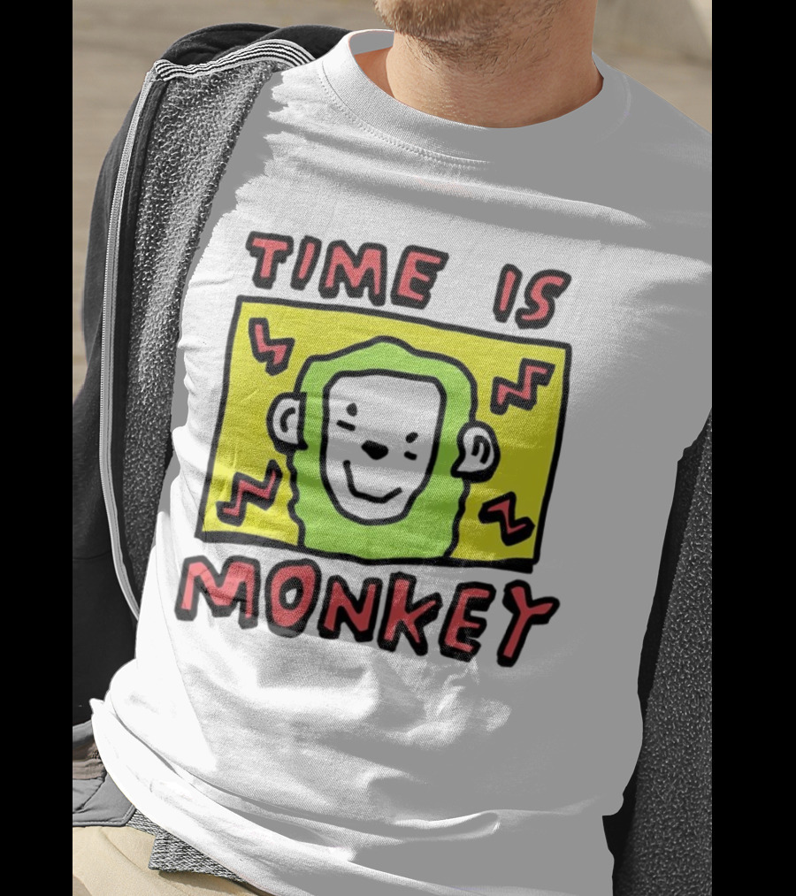 Time Is Monkey Green Highlighted Cartoon Face With Zigzag Lines T-Shirt