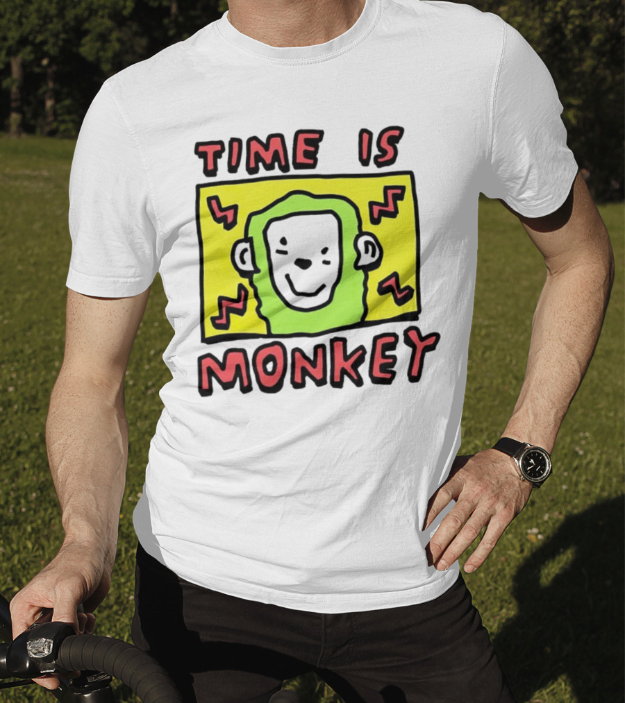 Time Is Monkey Green Highlighted Cartoon Face With Zigzag Lines T-Shirt