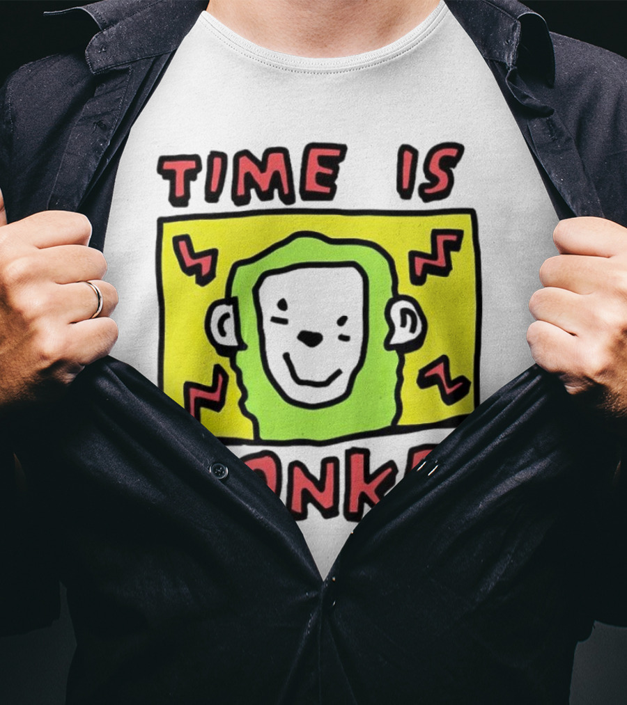 Time Is Monkey Green Highlighted Cartoon Face With Zigzag Lines T-Shirt