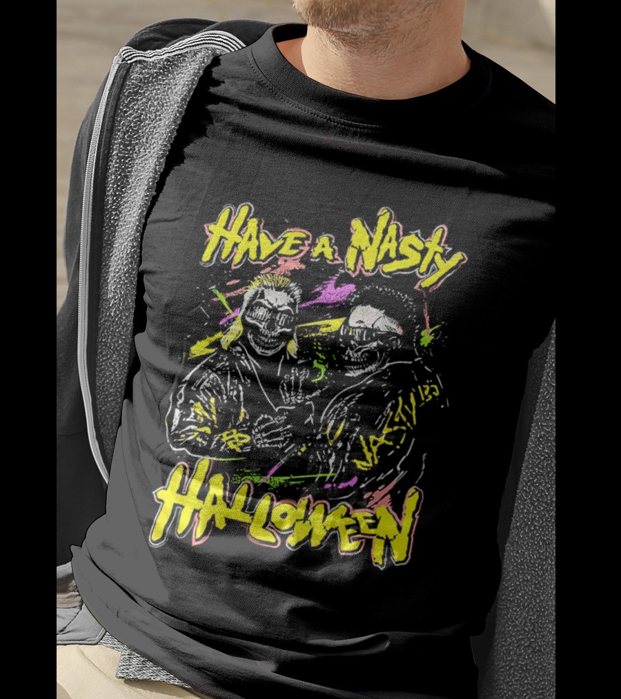 Have A Nasty Halloween Skeleton Warriors Vibrant Neon T-Shirt