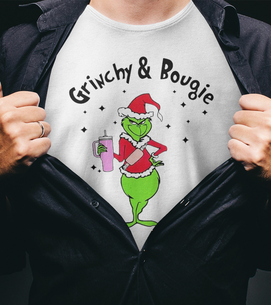 Grinchy And Bougie Santa With Pink Tumbler T-Shirt