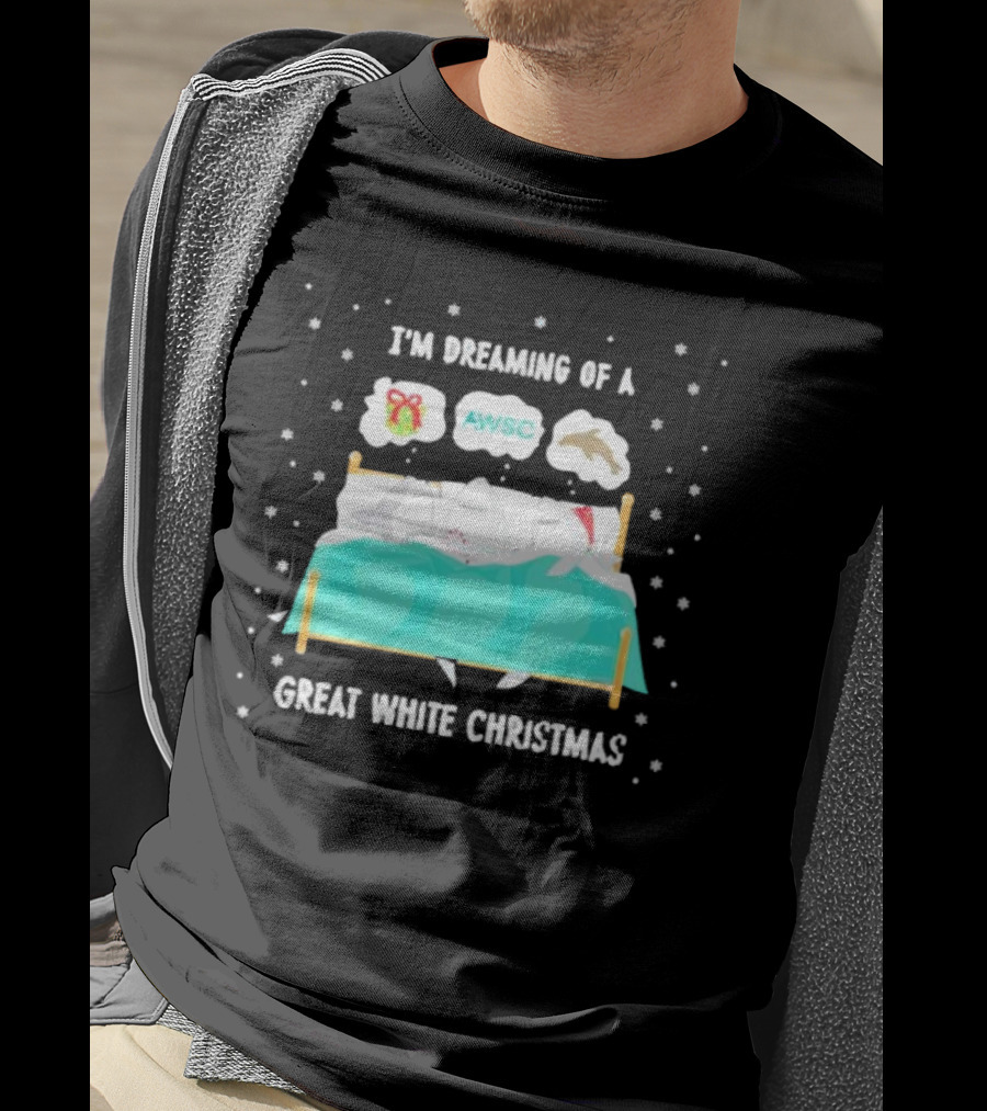 I'm Dreaming Of A Great White Christmas AWSC Shark In Bed With Snowflakes T-Shirt