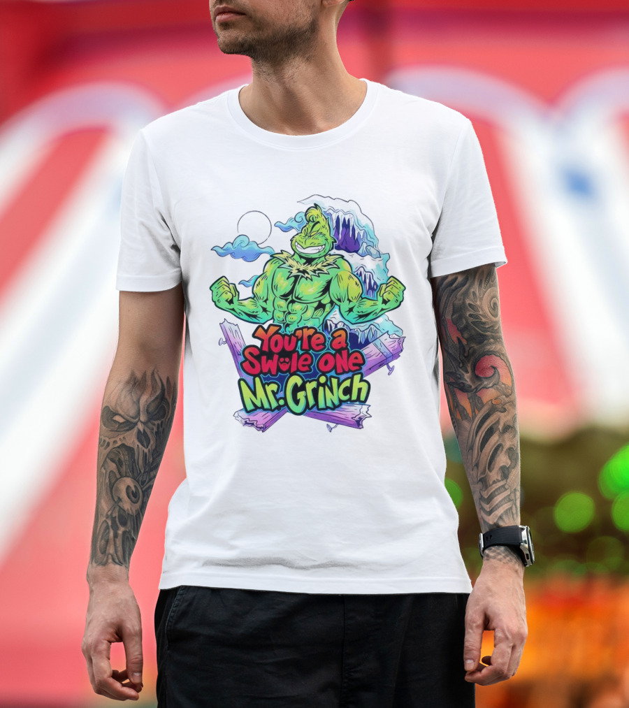 You’re a Swole One Mr Grinch Fitness Muskula Green Character with Frosted Mountain Background T-Shirt