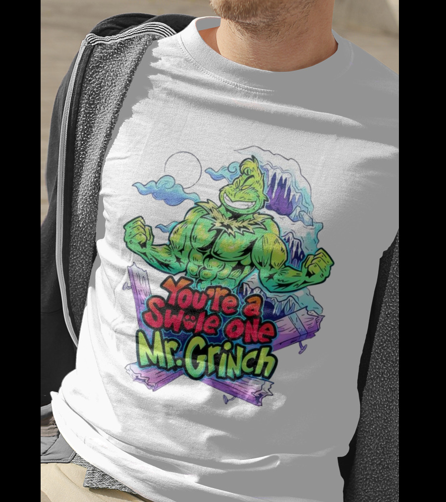 You’re A Swole One Mr Grinch Fitness Muskula Green Character With Frosted Mountain Background T-Shirt